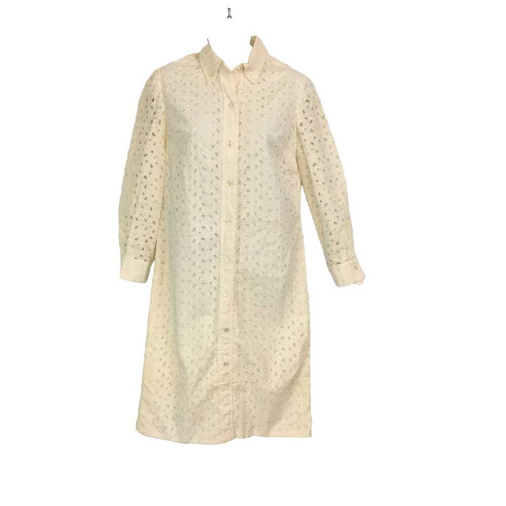 Vintage Womens White Eyelet Button Front Sheath Dress, Long Sleeves, 34 Bust, XS